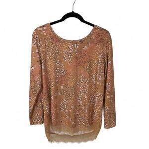 Lauren Conrad Peach Floral Long Sleeve with Lace Hem and Bow Size Medium